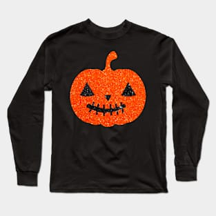 Bright Orange Faux Glitter Halloween Pumpkin Face Long Sleeve T-Shirt